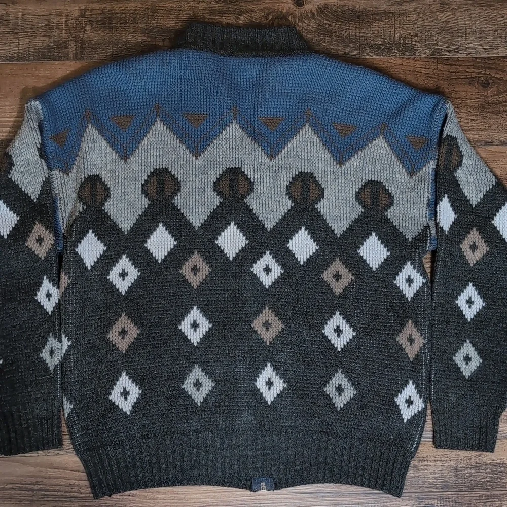 Lazarus Vintage 80's Wool Blend Geometric Full Zip Old Man Sweater Size Large
